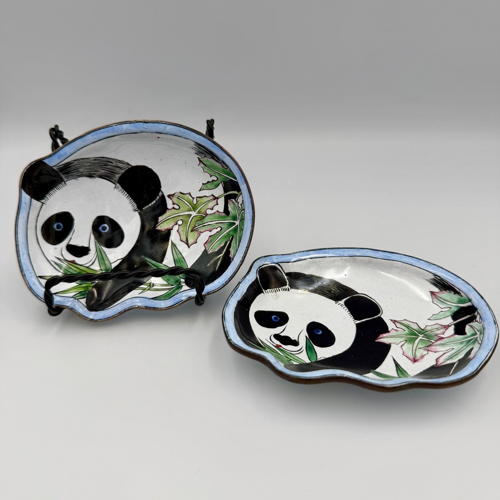 Vintage Enamel Panda Trinket Dish Set of 2 Hand Painted Small Scalloped Bowls